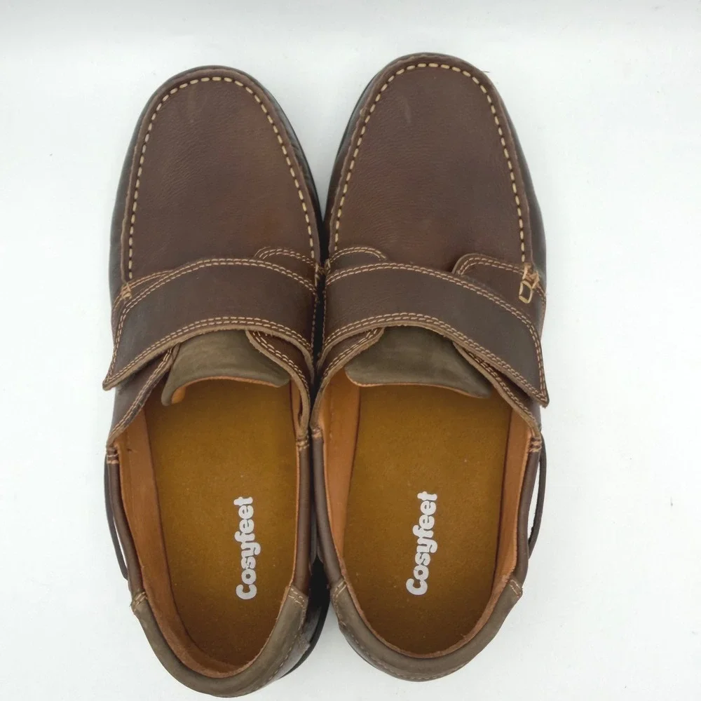 Cosyfeet Mens Brown Leather Wide Fit Boat Shoes Hook Loop Loafers Size 7.5